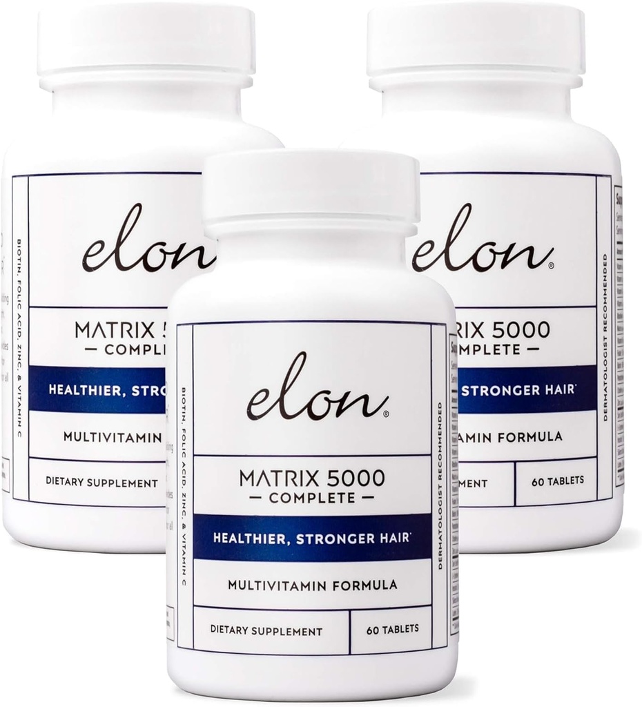 Elon Matrix 5000 Complete Multivitamin — Βιταμίνες για την ανάπτυξη του δέρματος, των μαλλιών και των νυχιών — Υγιείς βιταμίνες για την ανάπτυξη των μαλλιών για γυναίκες και άνδρες — 5000Mcg Biotin συμπλήρωμα, πακέτο των 3 (180 Ημέρα προσφοράς)