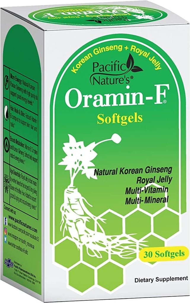 Oramin F της Pacific Nature (30 Softgels) με κορεάτικο Ginseng, βασιλικό πολτό, σύμπλοκο βιταμίνης Β, και ψευδάργυρο για την ενέργεια, ασυλία, & διατροφική υποστήριξη