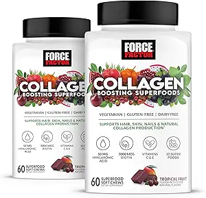 FORCE FACTOR Collagen Ενισχύοντας τα Superfoods, Vegan Collagen Booster για τις γυναίκες, με βιοτίνη, υαλουρονικό οξύ, και βιταμίνη C, για τα μαλλιά, δέρμα, νύχια, & κοινή υποστήριξη, τροπικά φρούτα, 120 μαλακά μάσημα, 2-πακέτο