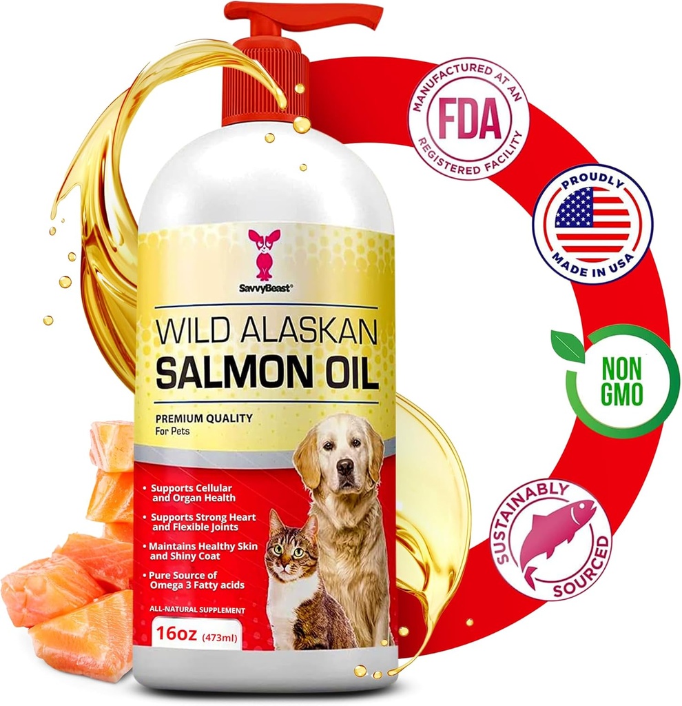 SavvyBeast Wild Alaska Salmon Oil for Dogs, Cats & Ferrets – Omega-3 Fish Oil Pet Supplement with EPA & DHA – Υποστηρίζει το δέρμα, το παλτό, τους συνδέσμους, την καρδιά, τον εγκέφαλο, Itch Relief & ανοσοποιητικό – 16 oz