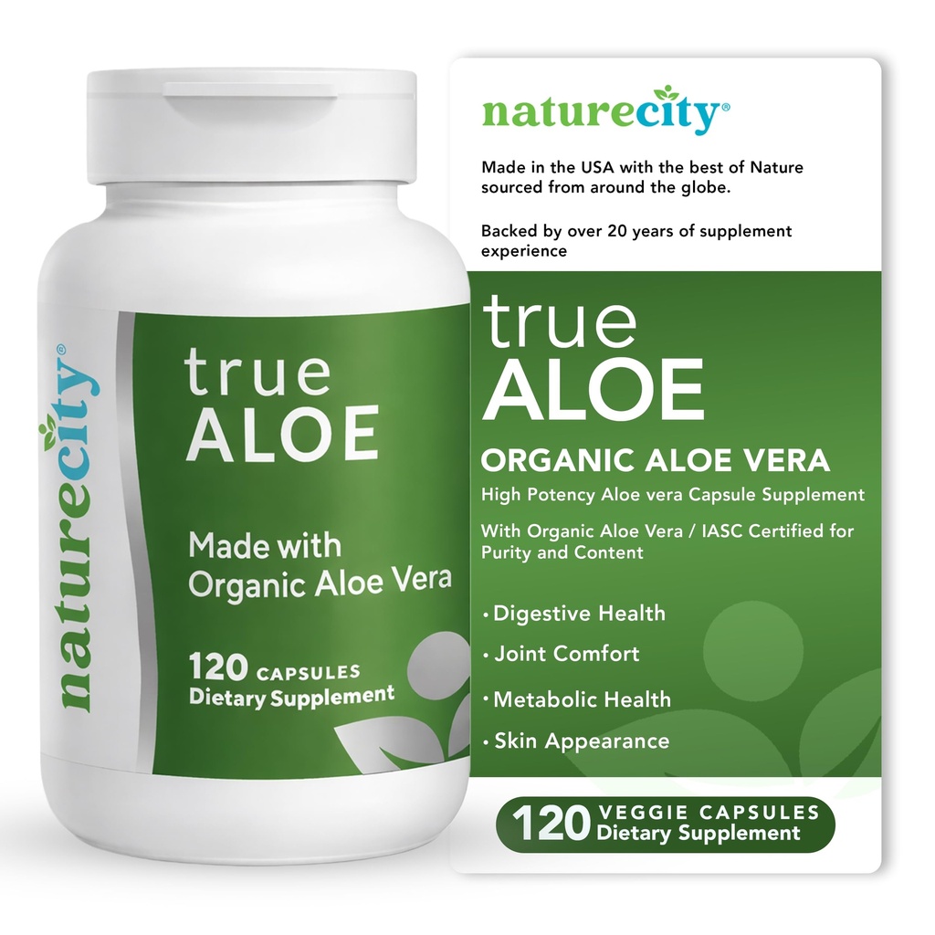 NatureCity True-Aloe Gut Health Support – 80.000mg Aloe Vera Gel Ισοδύναμο ανά υπηρεσία – Organic Aloe Vera (120 κάψουλες) για Digestive, Δερμάτινη & Κοινή Υποστήριξη 