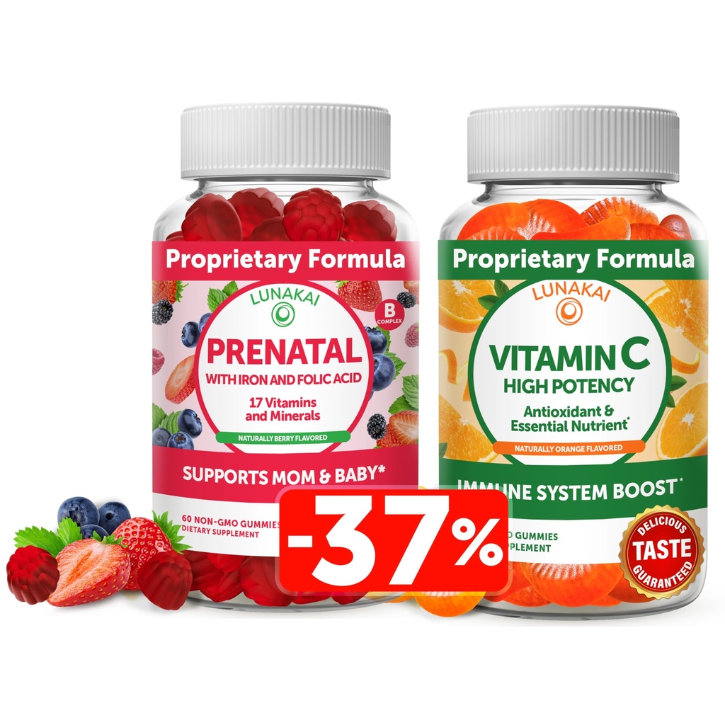 Lunakai Προγεννητική και βιταμίνη C Gummies Bundle - Εγκυμοσύνη Multivitamin συμπλήρωμα με σίδηρο & φολικό οξύ - 300mg Βιολογικό, μη GMO, Vegan Chewable Gummy - 30 ημέρες προσφοράς