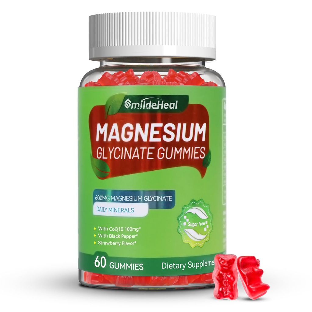 Μαγνήσιο Γλυκινικό Gummies 600mg για γυναίκες & άνδρες, με μαγνήσιο L-Θρεονικό 300mg, CoQ10 και μαύρο πιπέρι, Vegan (60 Count)