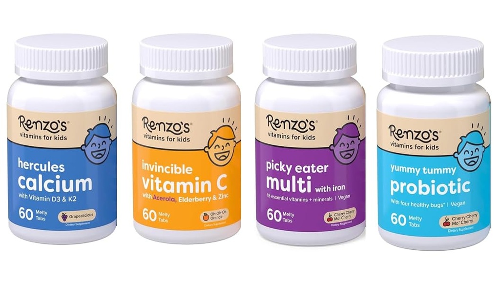 Βιταμίνες Renzo του Kid Essential Bundle - Προβιοτική, Βιταμίνη C με Elderberry & Ψευδάργυρο για την ανοσοποιητική υποστήριξη, Picky Eater παιδιά πολυβιταμίνη, και Ηρακλή ασβέστιο