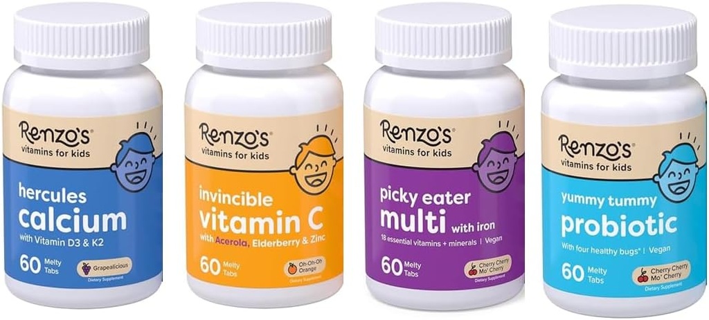 Renzo's Vitamins Kid Essential Bundle - Probiotic, Vitamin C with Elderberry & Zinc for Immune Support, Picky Eater Kids Multivitamin, and Hercules Calcium