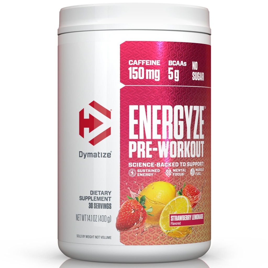 Dymatize Energyze Pre Workout σκόνη για άνδρες και γυναίκες, φράουλα λεμονάδα, 150mg καφεΐνη, 5g BCAAs, μείγμα απόδοσης της L-Θεανίνης, L-Τυροσίνη, L-Κιτρουλίνη, Χωρίς Ζάχαρη (30 σερβίρεται)