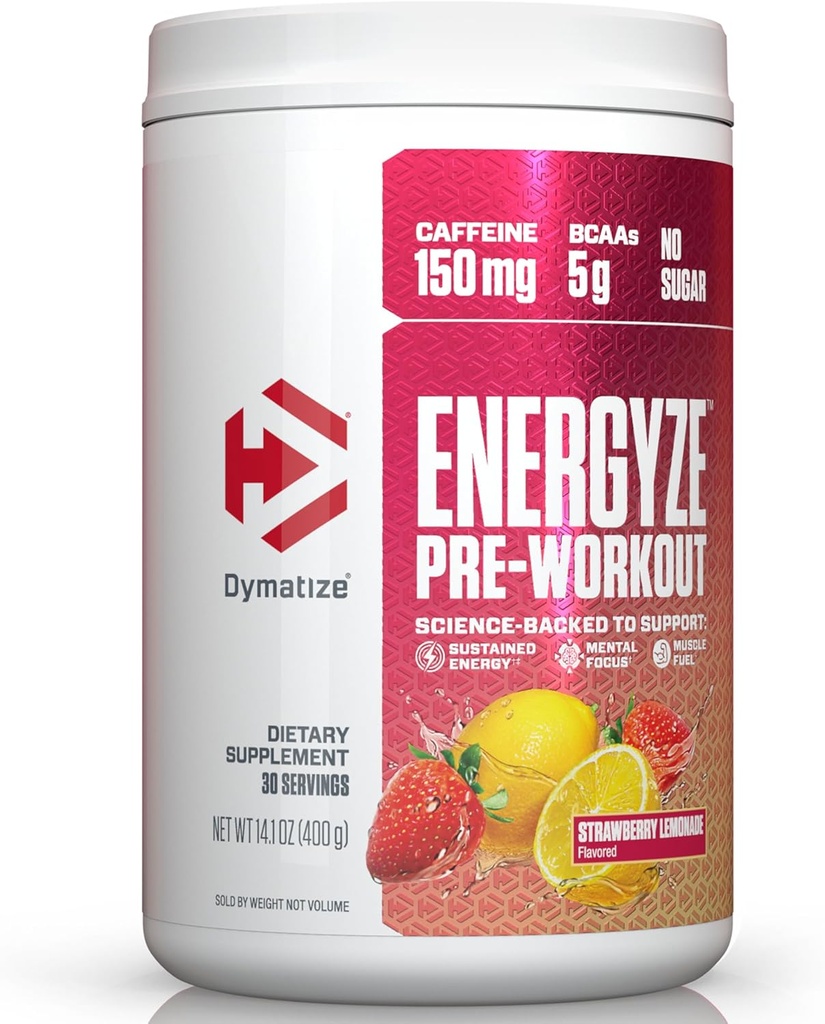 Dymatize Energyze Pre Workout σκόνη για άνδρες και γυναίκες, φράουλα λεμονάδα, 150mg καφεΐνη, 5g BCAAs, μείγμα απόδοσης της L-Θεανίνης, L-Τυροσίνη, L-Κιτρουλίνη, Χωρίς Ζάχαρη (30 σερβίρεται)
