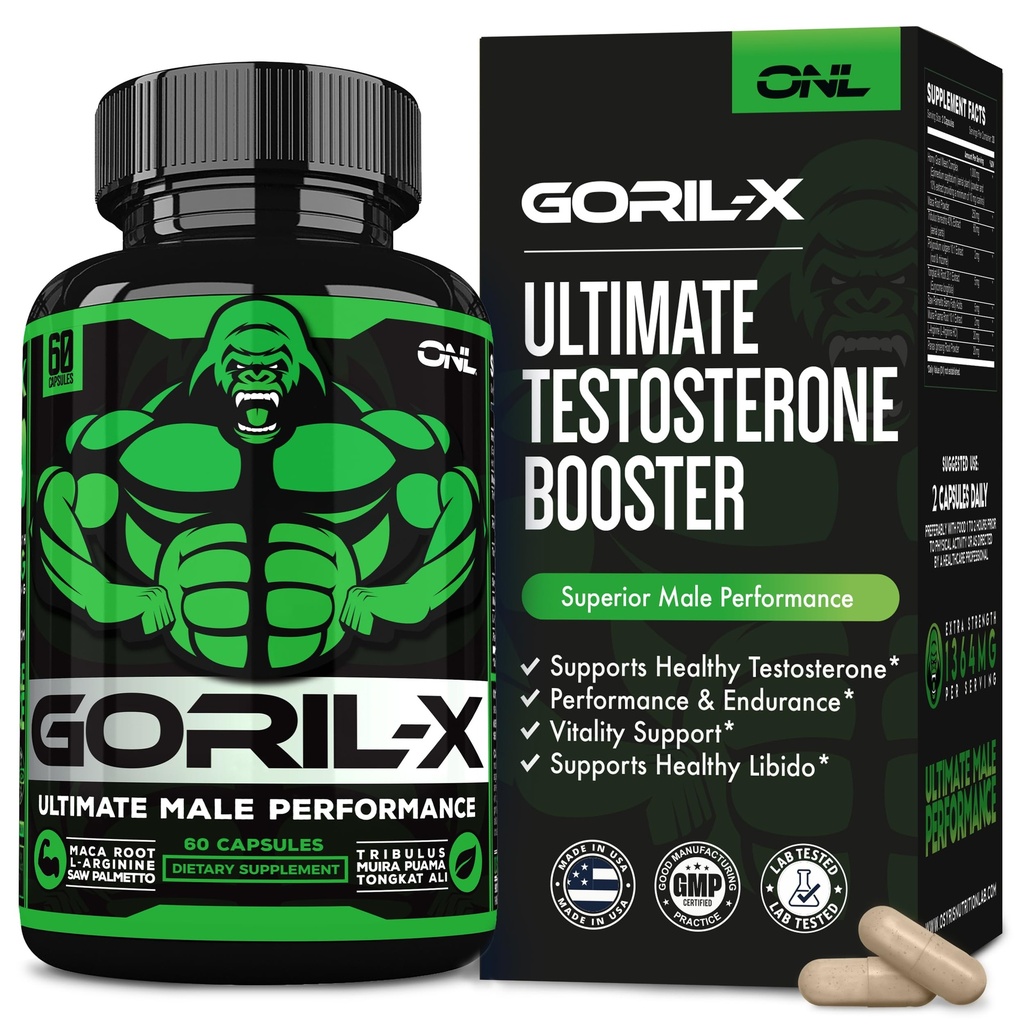 GORIL-X Testosterone Booster για τους άνδρες - Συμπληρώματα τεστοστερόνης προπόνησης - Αύξηση μεγέθους, δύναμης & ενέργειας - 1000mg αρσενικό ενίσχυση Horny κατσικίσιο ζιζάνιο - Maca Root, Tongkat Ali & Tribulus Terrestris 60 Caps