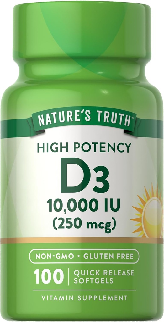 Nature's Truth D3 Vitamin 10,000 IU Softgels Supplement | 100 Count | High Potency Formula | Non-GMO and Gluten Free