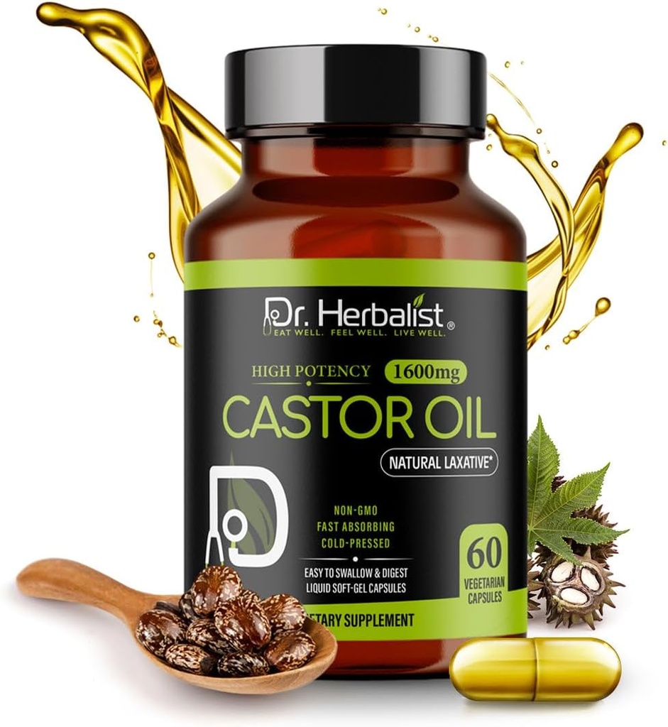 Dr. HERBALIST Κάψουλες Castor Oil - 1600mg ανά Σερβίρισμα, 60 Count - Μη ΓΤΟ, Γρήγορη Απορρόφηση, Χορτοφαγική, Ψυχρή Πίεση, και Υψηλή Ικανότητα - Υποστηρίζει το δέρμα, τα μαλλιά, φυσικά Laxatives και Digestive Υγεία