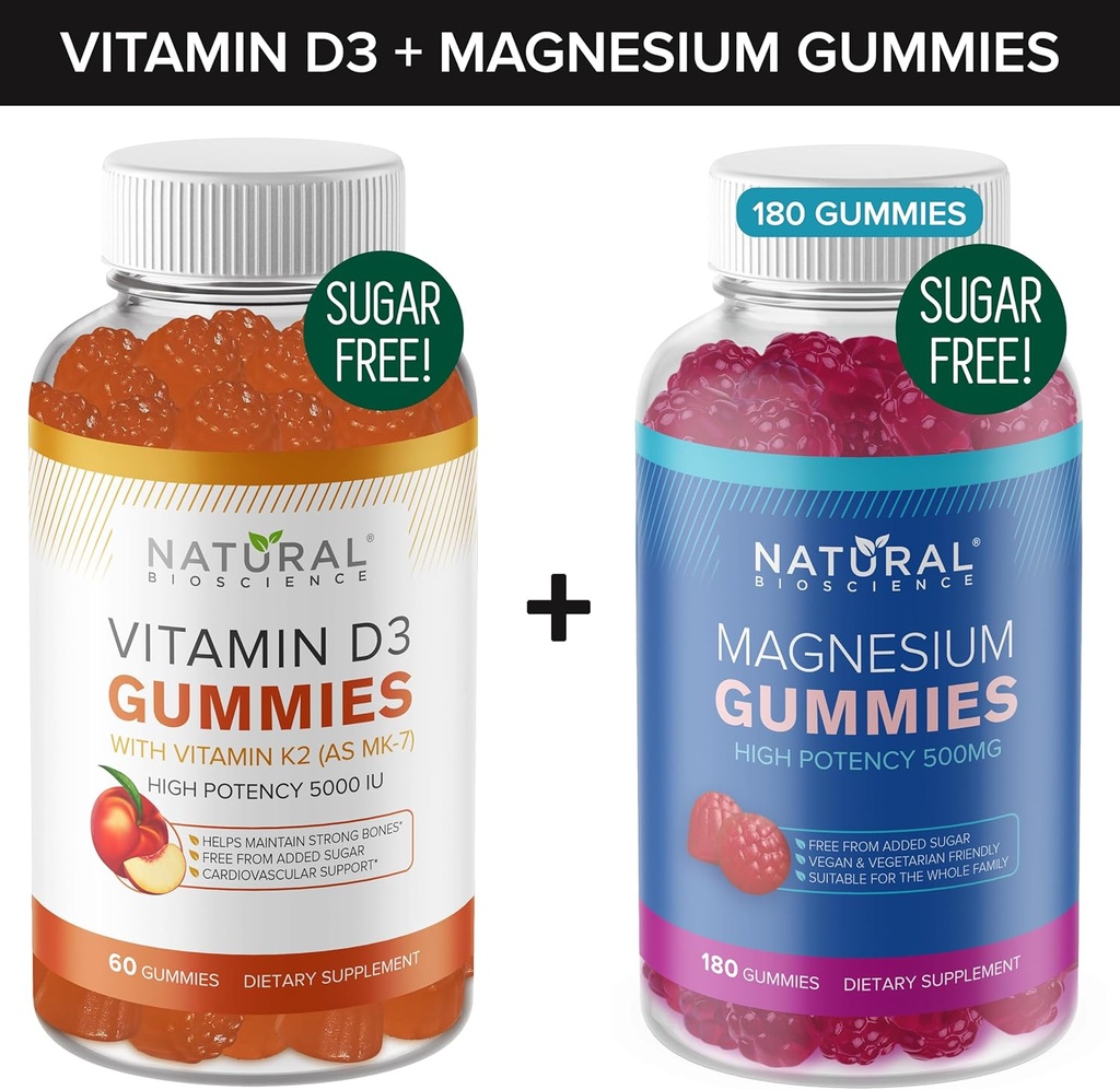 Sugar Free Vitamin D3 K2 Gummies (60 Gummies) and Sugar Free Extra Strength Magnesium Gummies (180 Gummies), Vitamin D3 Gummies 5000 IU+K2 MK7 80 mcg, Magnesium Citrate Gummies 500 mg