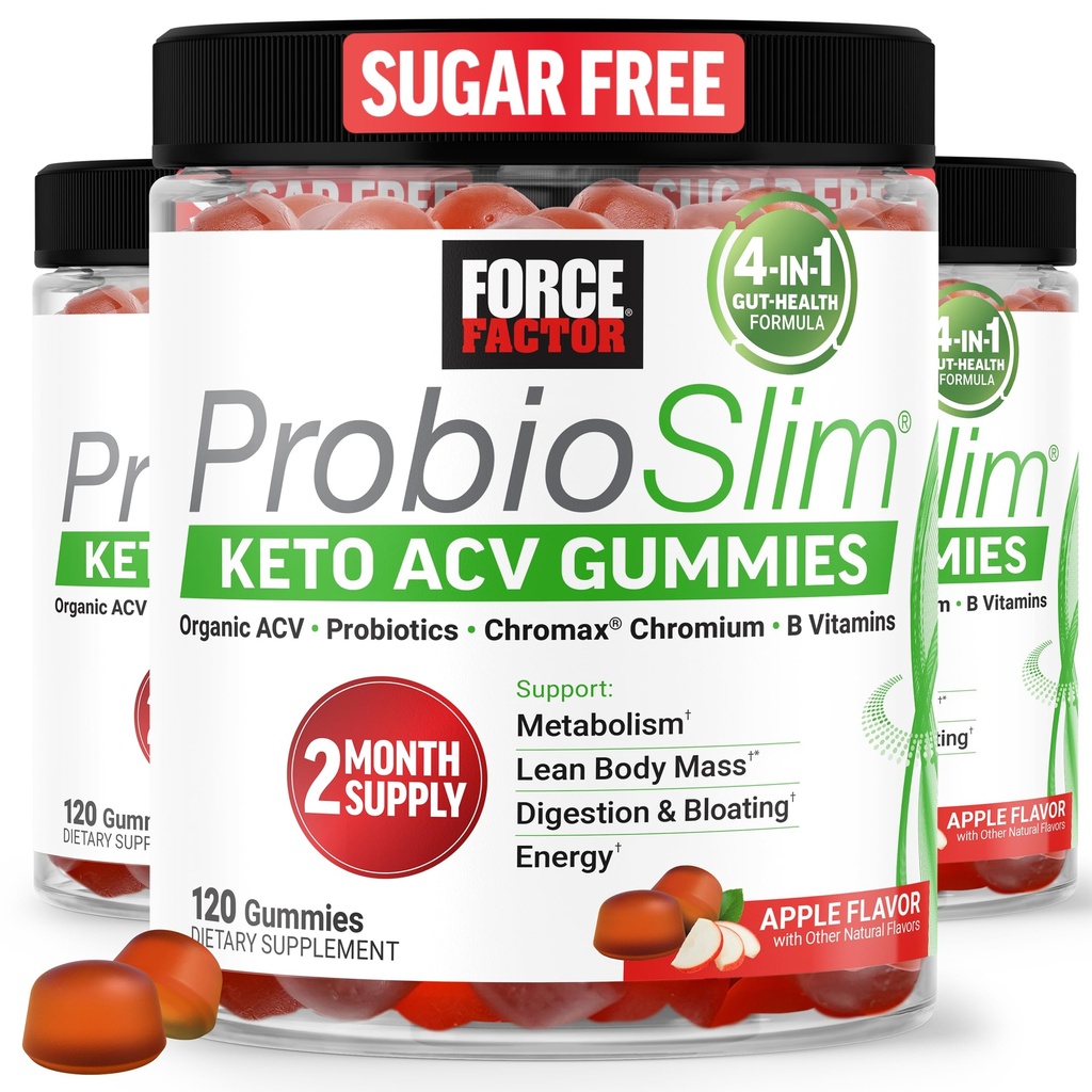 Force Factor ProbioSlim Keto ACV Gummies, Organic Apple Cider Vinegar Gummies with LactoSpore Probiotics & Prebiotics to Support Digestion, Μεταβολισμός, & Ανοσοποιητική Υγεία, 1 Net Carb, Apple Flavor, 360ct