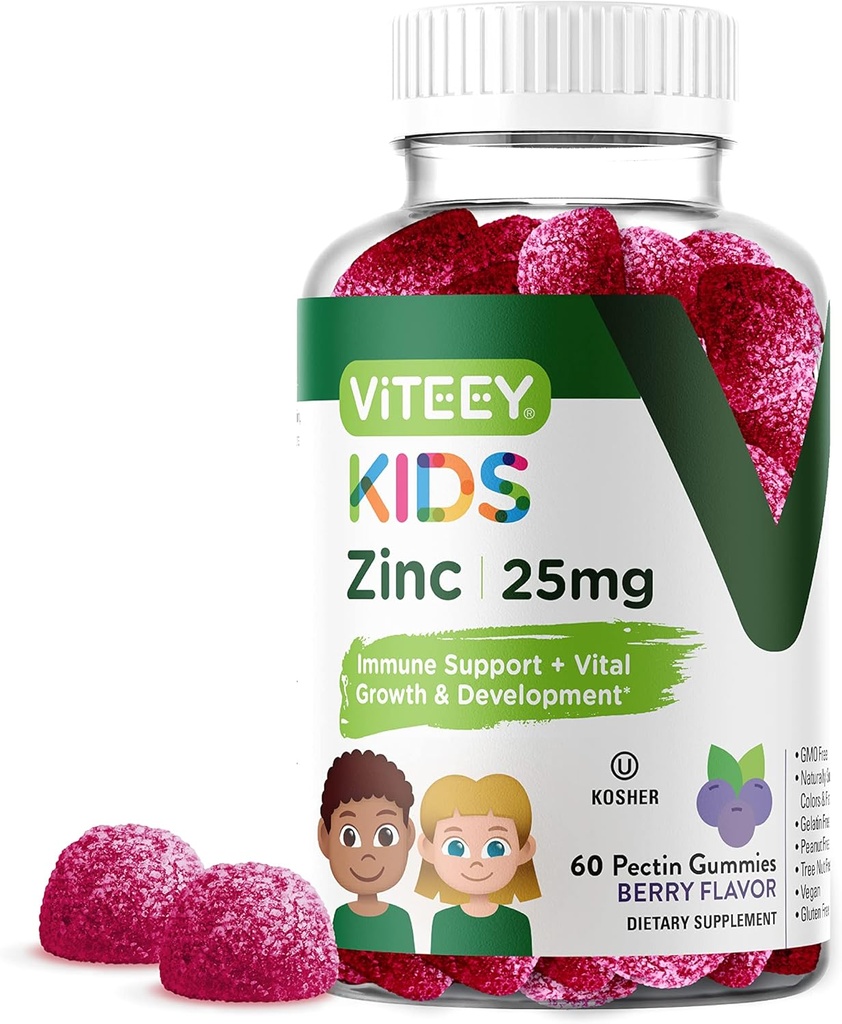 Viteey ψευδάργυρος για παιδιά Gummies, 25mg - Ανοσοποιητική υποστήριξη - Ισχυρό φυσικό αντιοξειδωτικό, Παιδικό συμπλήρωμα βιταμίνης ψευδάργυρου - Vegan, Ζελατίνη δωρεάν, Γλουτένη χωρίς - Νόστιμο μασώμενα Berry Flavor Gummy