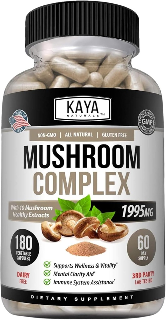 Kaya Naturals Premium Mushroom Complex Poent - Mushroom Supplement - Mushroom Complex Κάψουλες 1995mg ανά υπηρεσία - Βοηθήματα ψυχική σαφήνεια Υποστηρίζει ανοσοποιητικό σύστημα, ευεξία & ζωτικότητα - 180 κόμης