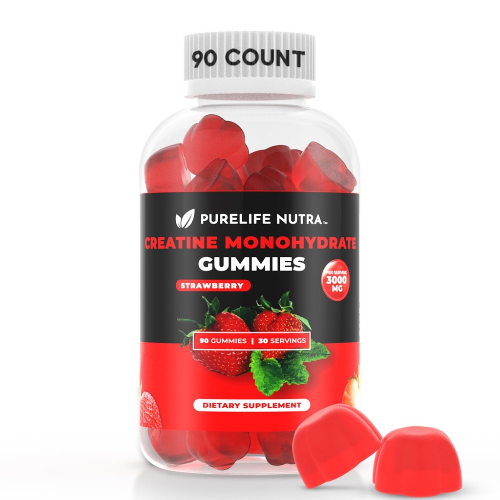 Creatine Monohydrate Gummies - 3g Serving, Sugar Free, 90 Count, Non-GMO, Designed for Men & Women, Gluten Free, Non Bloating - Vegan, Haal, Kosher. (90 Μονάδες, Φράουλα)