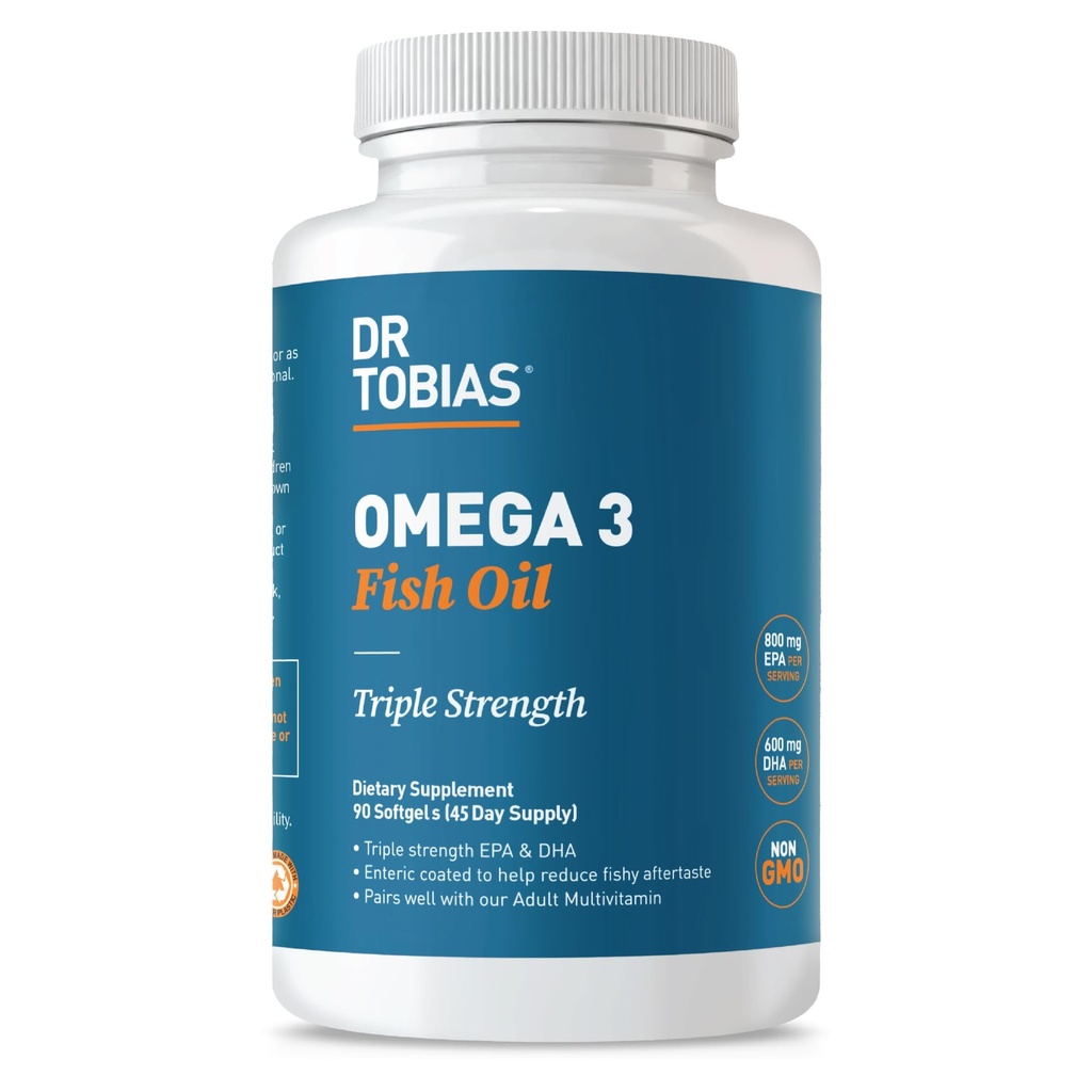 Dr. Tobias Omega 3 Fish Oil, 2000mg Triple Strength with 800mg EPA 600mg DHA Per Serving, Fish Oil Omega 3 Supplements for Heart, Brain & Immune Support, 90 Softgels, 45 Services