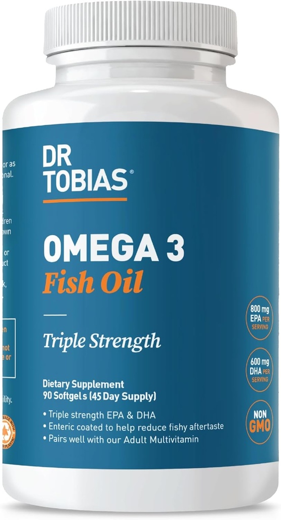 Dr. Tobias Omega 3 Fish Oil, 2000mg Triple Strength with 800mg EPA 600mg DHA Per Serving, Fish Oil Omega 3 Supplements for Heart, Brain & Immune Support, 90 Softgels, 45 Services