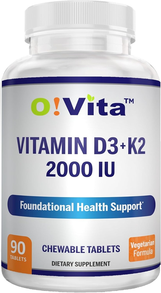 Vitamin D3 + K2 2000IU Chewable for Bone Health Support, 90 Vegetarian chewable Tablets, up to 3-Month Supply