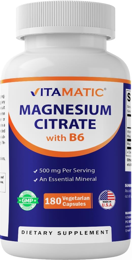 Vitamatic Magnesium Citrate 500mg per Serving - 180 κάψουλες χορτοφαγικής (Παρέχει 150 mg στοιχειακό μαγνήσιο) - Προστέθηκε B6 για μέγιστη απορρόφηση - Υποστηρίζει τους μυς, αρθρώσεις, και την καρδιακή υγεία*