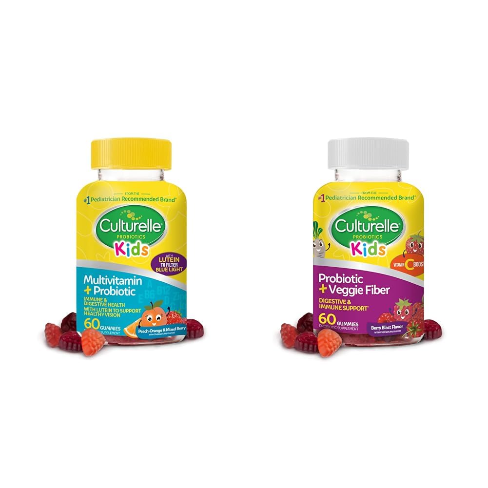Culturelle Kids Probiotic Gummies for Ηλικίες 2+ - Ροδάκινο-πορτοκαλί & Μικτή Berry Flavors & Καθημερινή Probiotic for Kids + Veggie Fiber Gummies (Ages 3+) - 60 Count - Digestive