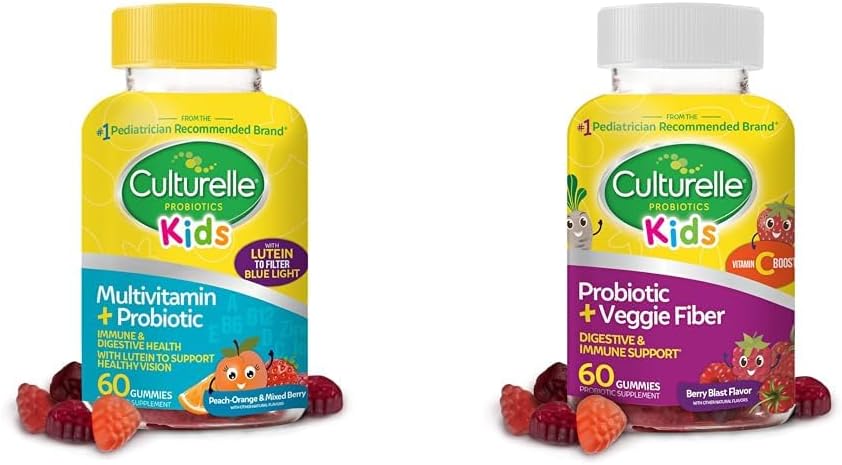 Culturelle Kids Probiotic Gummies for Ηλικίες 2+ - Ροδάκινο-πορτοκαλί & Μικτή Berry Flavors & Καθημερινή Probiotic for Kids + Veggie Fiber Gummies (Ages 3+) - 60 Count - Digestive