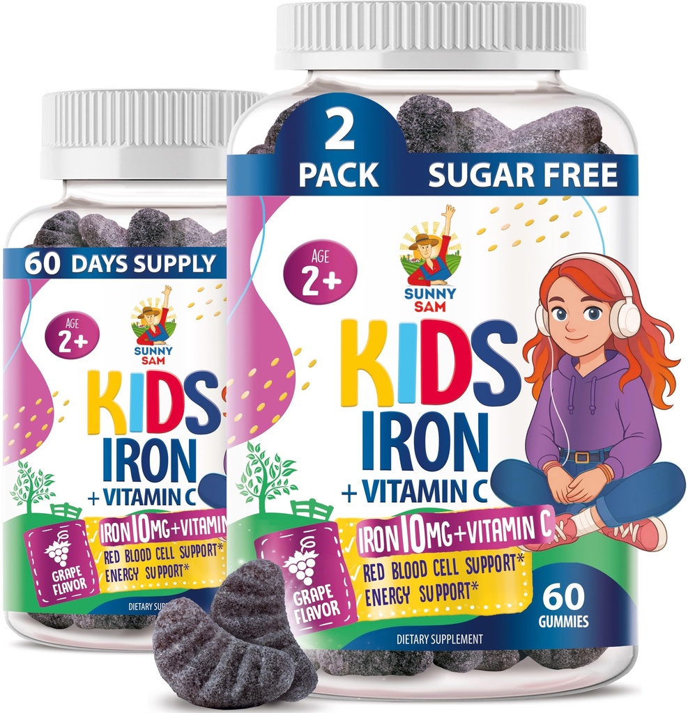 SUNNY SAM Iron Gummies for Kids & Teens - 10mg Βιταμίνες με βιταμίνη C - χαμηλής περιεκτικότητας σε ζάχαρη Chewable Iron Gummy Supplement for Immune Support, υποστηρίζει την παραγωγή ερυθρών κυττάρων αίματος για παιδιά & εφήβους