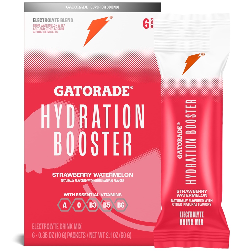 Gatorade Hydration Booster Electrolyte Drink Mix Powder Packets, Φράουλα Watermelon, Advanced Electrolyte Blend, Χωρίς Προστιθέμενα Χρώματα, Χωρίς Τεχνητά γλυκαντικά, Ουσιώδεις Βιταμίνες A, C, B3, B5, B6, Κάνει 20 Fl Oz (6 Pack)