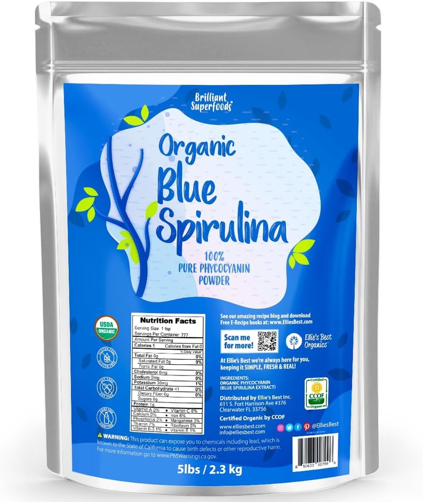 Βιολογικό Μπλε Spirulina σκόνη Superfood συμπλήρωμα - 5LB χύδην - OLorless - Vegan, μη GMO, χωρίς γλουτένη, χωρίς γαλακτοκομικά, λαμπρή μπλε χρωστική τροφίμων - καθαρό νερό που εξάγεται