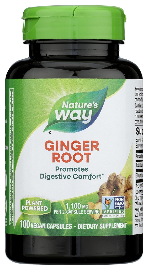 Nature's Way Ginger Root, Promotes Digestive Comfort*, 1.100 mg ανά 2-Capsule Serving, Μη ΓΤΟ Πρόγραμμα Επαληθευμένο, Vegan, 100 Κάψουλες