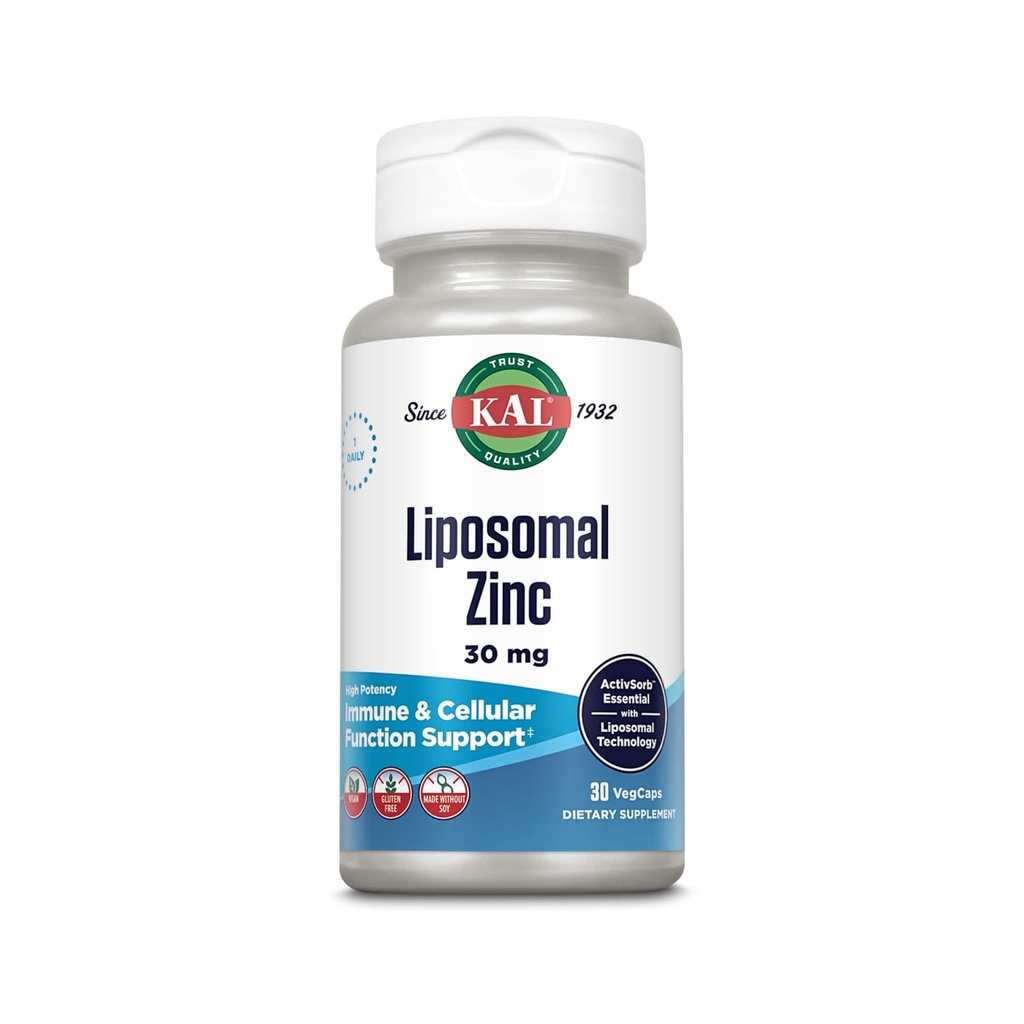 KAL Λιποσωμικός ψευδάργυρος 30mg, Κυτταρική λειτουργία και συμπλήρωμα υποστήριξης ανοσοποιητικών, Συμπληρώματα ψευδάργυρου ενισχυμένης απορρόφησης, Vegan, Χωρίς γλουτένη, Χωρίς σόγια, 30 υπηρεσίες, 30 VegCaps