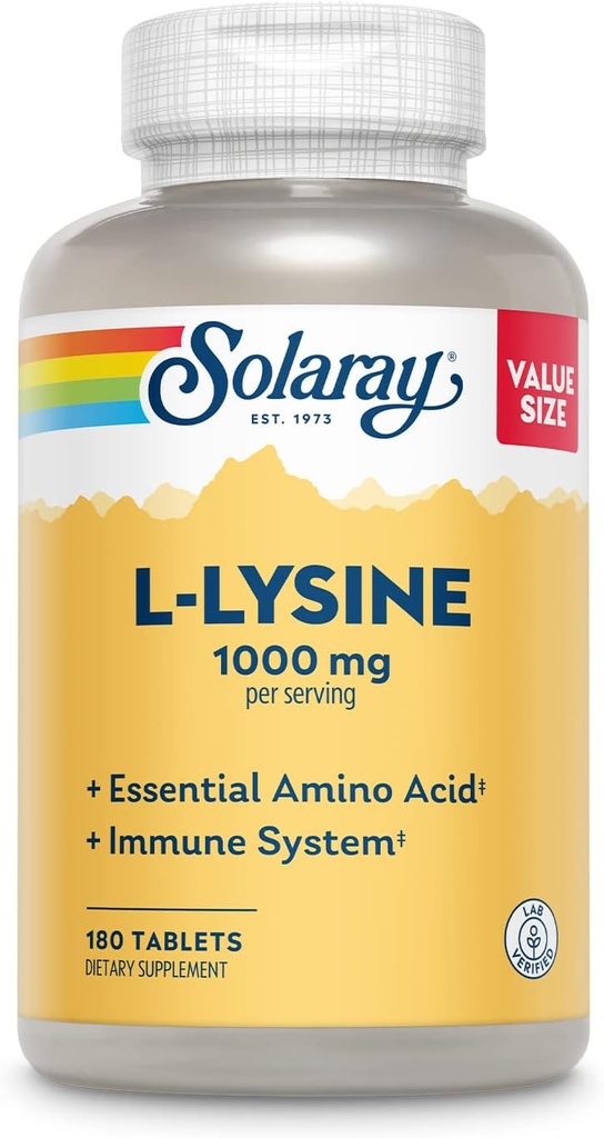 SOLARAY L-Lysine, Free- Form 1000 mg, Essential Amino Acid Immune Support Supplement with Vitamin C 1, 000 mg and Zinc 25 mg, Value Size, Lab Επαληθευμένο, 60- Ημέρες Εγγύηση, 60 Μερίδες, 180 δισκία