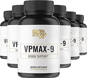 Golden After 50 VpMax-9 - Sight Care and Antioxidant Supplement with Eye Vitamins, Lutein, Lycopene and Bilberry Extract - 6 Bottles