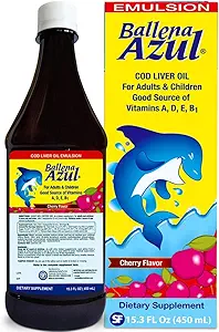 Ballena Azul Aceite de Hígado de Bacalao para Adultos y Niños, COD Liver Oil for Adults and Children,Vitamins A,D,E, B1, Dietary Supplement, Omega 3, Inmune System Boost, Cherry (Cherry 15 OZ)