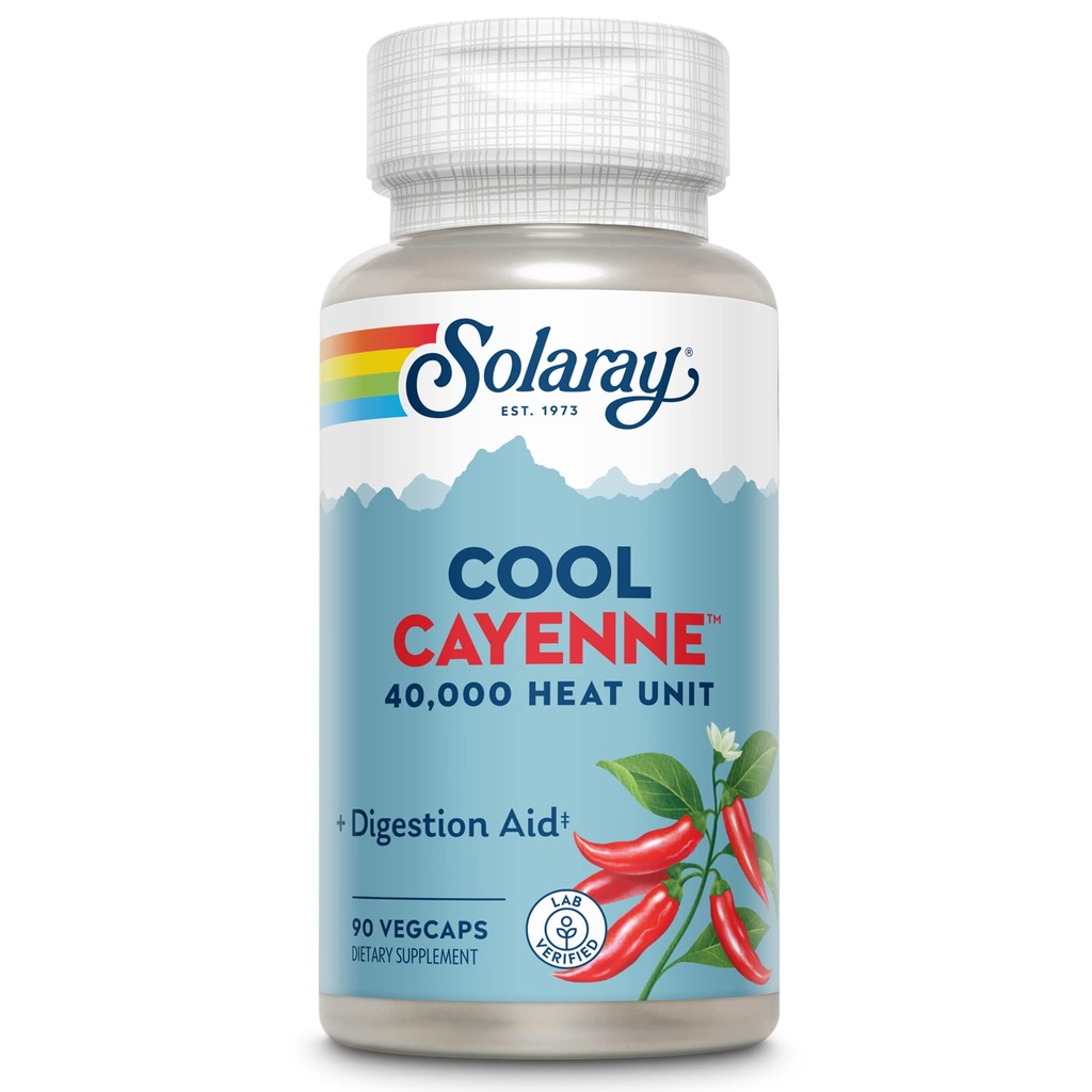SOLARAY Cool Cayenne 40,000 Heat Units - Cayenne Pepper Supplement with Capsaicin for Women and Men - Digestion Aid - Bio-Cool Formula with Ginger - Lab Verified - 45 Servings, 90 VegCaps