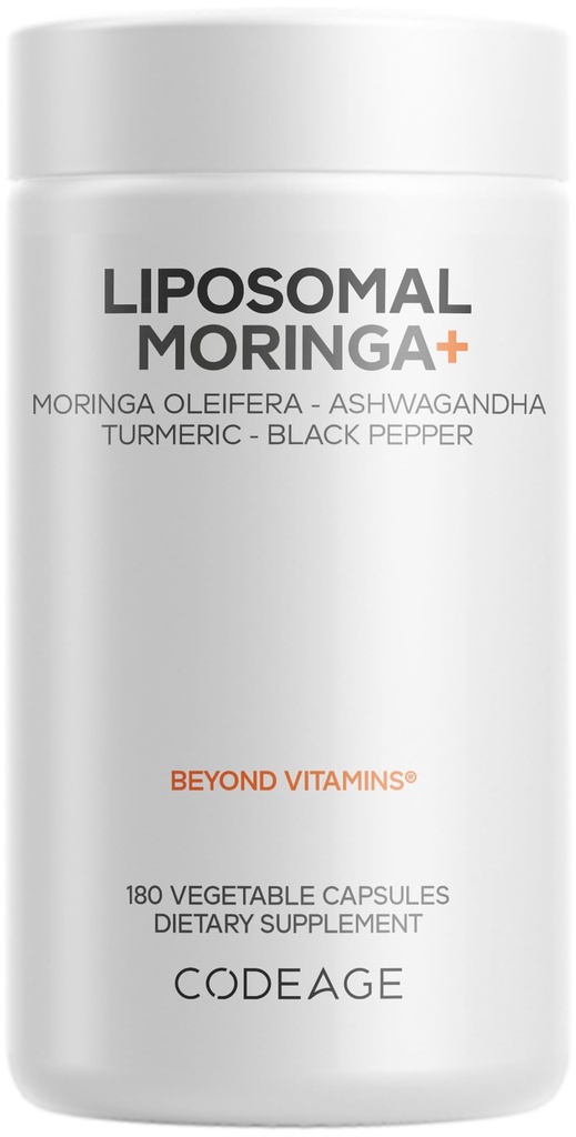 Codeage Liposomal Moringa+ Supplement, 400mg Moringa 50:1 Extract - Turmeric, Ashwagandha, Black Pepper, 3-Month Supply, Vegan Moringa Powder - 180 Capsules