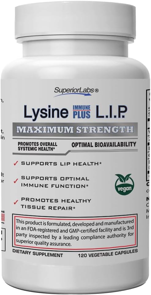 Superior Labs Lysine Immune Plus Lip, Clinically Proven Lip Health & Support, L-Lysine Bound to HCI for Optimal Stability & Absorption for Fast Results, Bioactive with Zero Harmful Additives