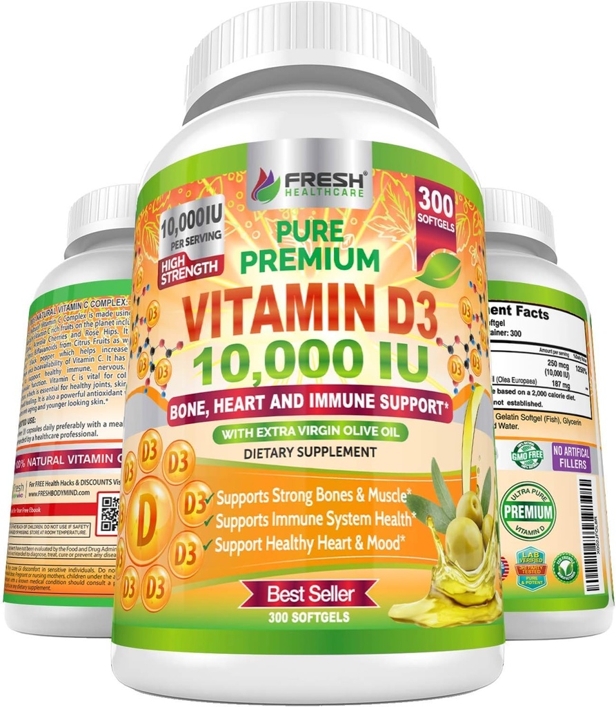 Φρέσκια Healthcare Βιταμίνη D3 10000 IU (250mcg) με Extra Virgin Ελαιόλαδο - Ανοσολογική Υποστήριξη - 300 Softgels για αρθρώσεις, οστά, μύες & Mood Υγεία - Συμπλήρωμα μη ΓΤΟ Βιταμίνη D