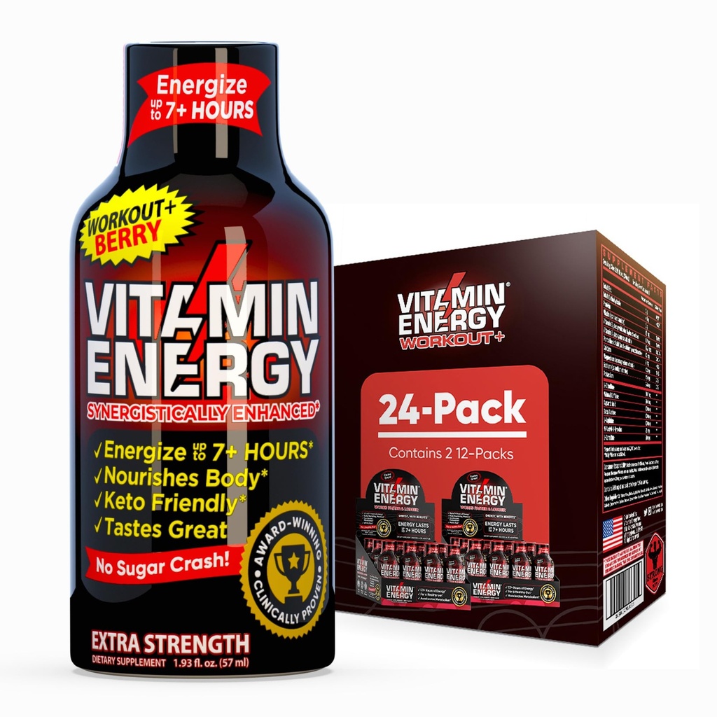 Vitamin Energy Workout+ Extra Strength Energy Shot Berry 24 Pack, 260mg Natural Caffeine, Pre-Workout, B-Vitamins, Ορυκτά, Αντοχή & Απόδοση, Zero Sugar, Χωρίς Γλουτένη, Vegan, 1.93 fl oz