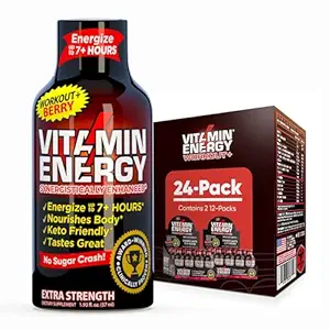 Vitamin Energy Workout+ Extra Strength Energy Shot Berry 24 Pack, 260mg Natural Caffeine, Pre-Workout, B-Vitamins, Ορυκτά, Αντοχή & Απόδοση, Zero Sugar, Χωρίς Γλουτένη, Vegan, 1.93 fl oz