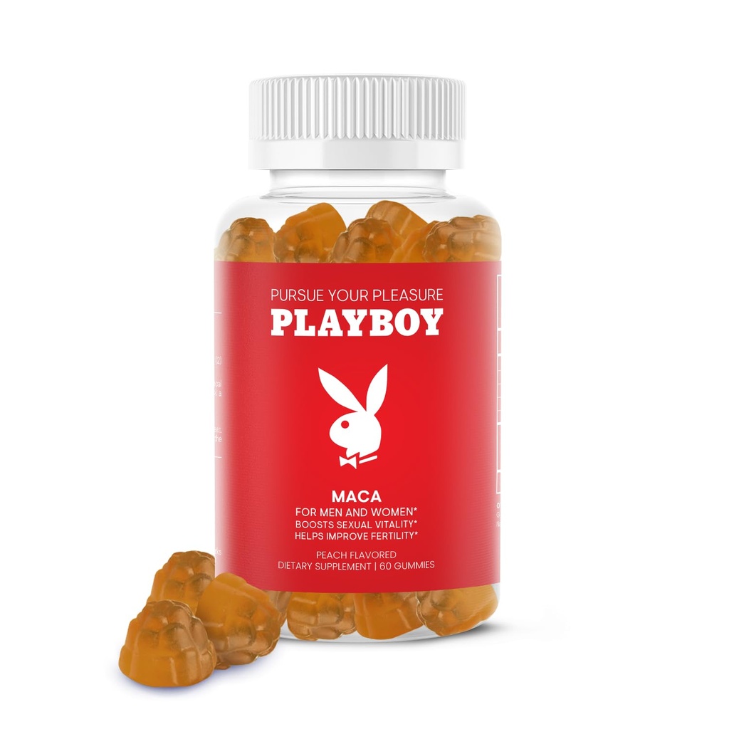 Playboy - Maca Root Gummies για γυναίκες και άνδρες (60 Count - Ροδάκινο Γεύση) - Ενίσχυση της σεξουαλικής ζωτικότητας, Libido, Γονιμότητα - Maca Gummies Συμπλήρωμα - 100% Φυσικό, Vegan Non GMO - 4:1 Extract Maca Peruana
