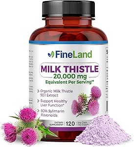 FineLand Milk Thistle Pills 50:1 Extract – 120 Vegan Capsules - 20,000 mg Strenght with 80% Silymarin Flavonoids – Liver & Antioxidant Support | 50X Concentrated Seed Extract - Non-GMO, Made in USA