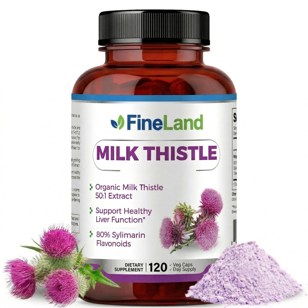 FineLand Milk Thittle Pills 50:1 Extract – 120 Vegan Capsules - 20.000 mg Strengght με 80% Silymarin Flavonoids – Liver & Antioxidant Support 