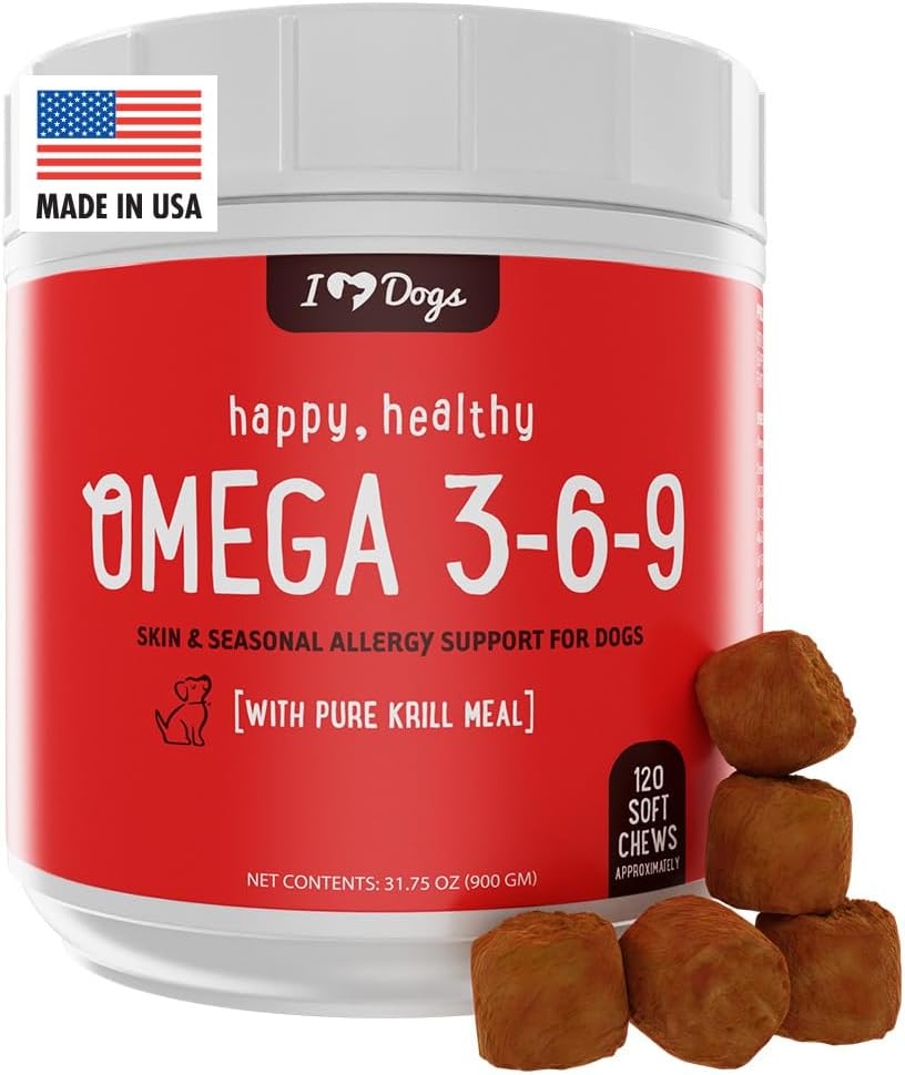 iHeartDogs Omega 3-6-9 για σκύλους - Skin and Coat Fish Oil Supplement για σκύλους με καθαρό πετρέλαιο κριλ Ανταρκτικής - Αλλεργία & Ichy Δερμάτινα μάσημα ανακούφισης, 120 Count