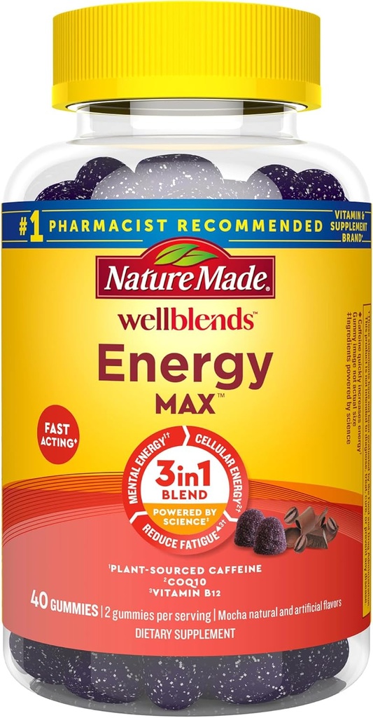 Nature Made Wellblends EnergyMAX Gummies, ταχείας δράσης καφεΐνη, CoQ10 & βιταμίνη B12 1000mcg, Ενεργειακή υποστήριξη Gummy Βιταμίνες, 40 Gummies