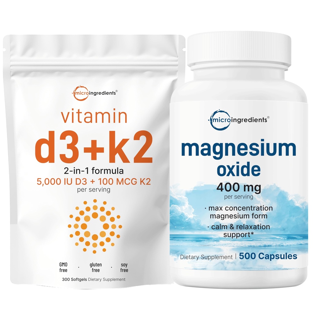 Micro Ingredients Vitamin D3 5,000iu + K2 100mcg Softgels & Magnesium Oxide 400mg Bundle Pack | Essential Sunshine Vitamins | Elemental Form for Max Concentration