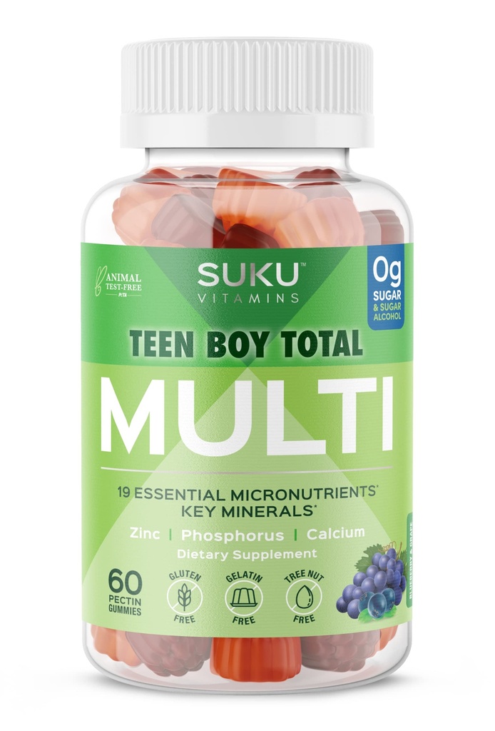SUKU Teen Boy Multivitamin Gummies – Βιταμίνες A, B12, C, D3, E, Ψευδάργυρος & Βιοτίνη – Συμπλήρωμα χορτοφαγίας χωρίς ζάχαρη για την ενέργεια, την ανάπτυξη, το ανοσοποιητικό και την υγεία των οστών – Γεύσεις σταφυλιού – 60 κόμης