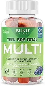 SUKU Teen Boy Multivitamin Gummies – Vitamins A, B12, C, D3, E, Zinc & Biotin – Sugar-Free Vegetarian Supplement for Energy, Growth, Immune & Bone Health – Grape Flavor – 60 Count