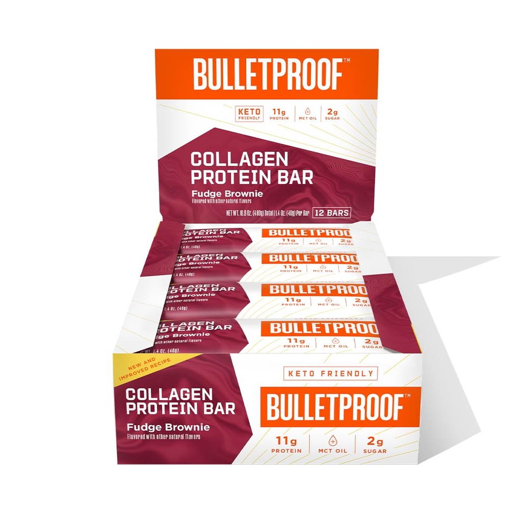Bulletproof Fudge Brownie Collagen Protein Bars, Pack of 12, Keto-Friendly Snack with MCT Oil, Grass-fed Collagen, No Added Sugar