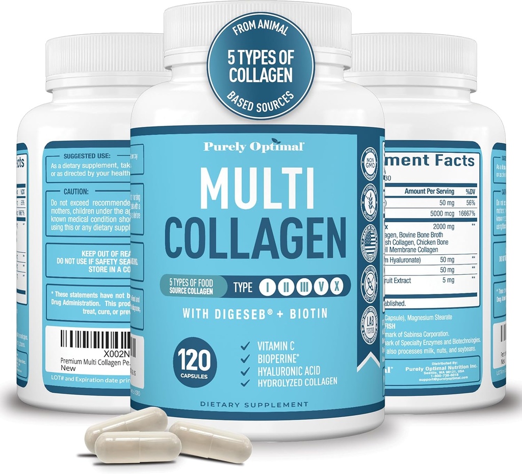 Premium Multi Collagen Peptides (Τύποι I, II, II, V, X) - χάπια κολλαγόνου για φροντίδα του δέρματος, ανάπτυξη μαλλιών, νύχια & αρθρώσεις - Βιταμίνη C, υαλουρονικό οξύ, βιοτίνη, χωρίς γλουτένη - 120 κάψουλες κολλαγόνου
