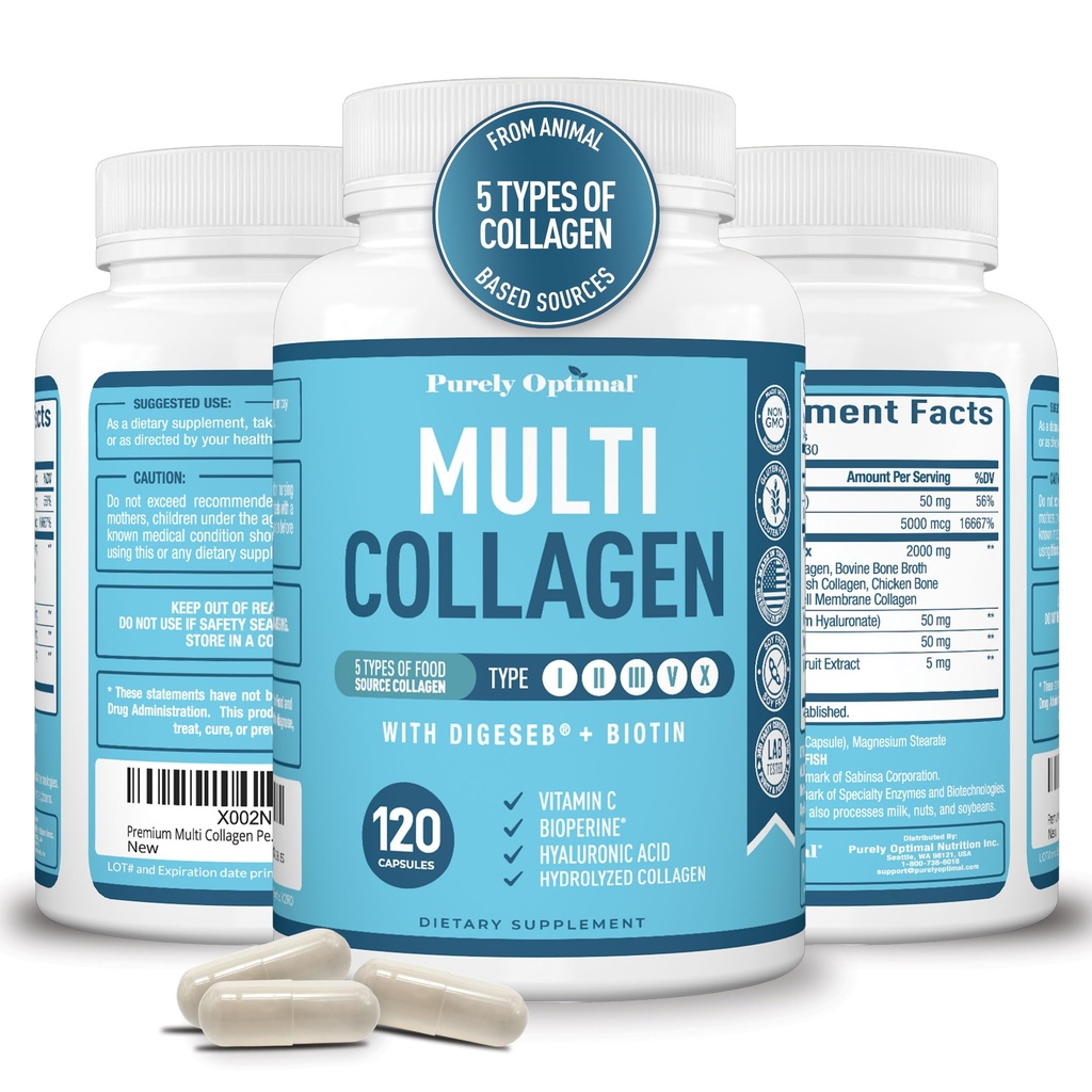 Premium Multi Collagen Peptides (Τύποι I, II, II, V, X) - χάπια κολλαγόνου για φροντίδα του δέρματος, ανάπτυξη μαλλιών, νύχια & αρθρώσεις - Βιταμίνη C, υαλουρονικό οξύ, βιοτίνη, χωρίς γλουτένη - 120 κάψουλες κολλαγόνου